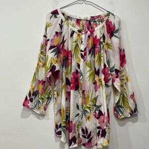Chaps Ralph Lauren Button Down White Blouse Tropical Floral Print size L